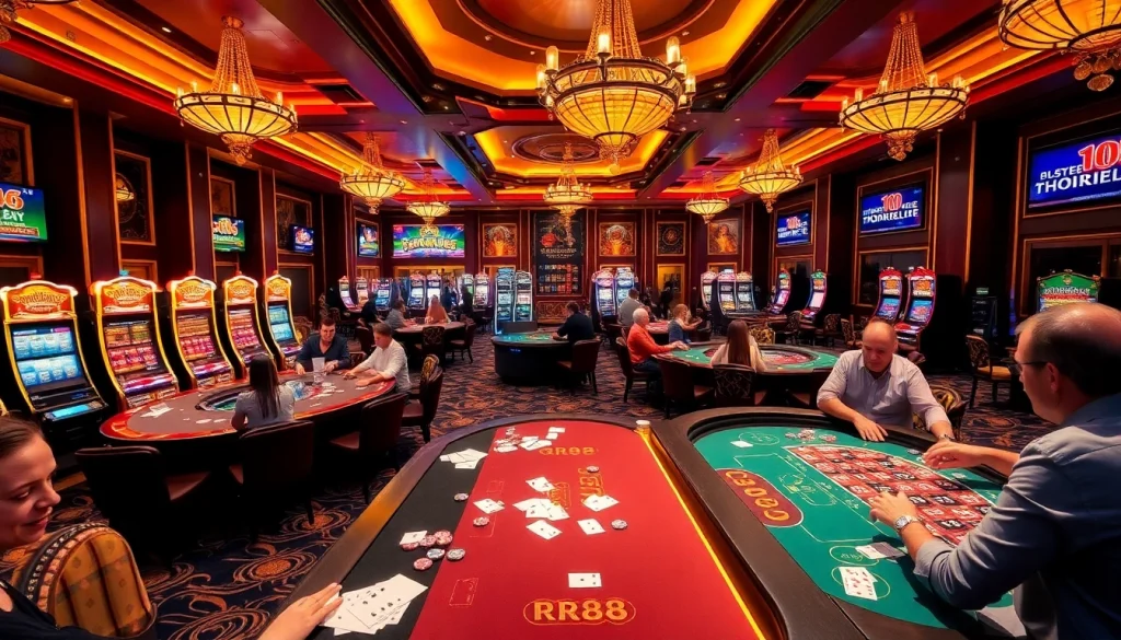 Experience excitement at rr88's vibrant casino with engaging games, players, and luxurious decor.
