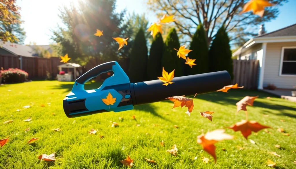 Efficient electric leaf blower powering through autumn leaves in a bright backyard.