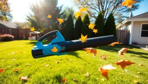 Efficient electric leaf blower powering through autumn leaves in a bright backyard.