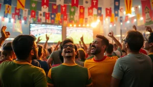 مشجعون متفاعلون يشاهدون مباراة koora live على شاشة خارجية نابضة بالحياة.