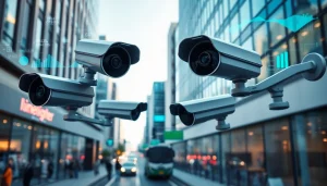 Showcase of intelligent video analytics technology with sleek cameras analyzing urban settings.