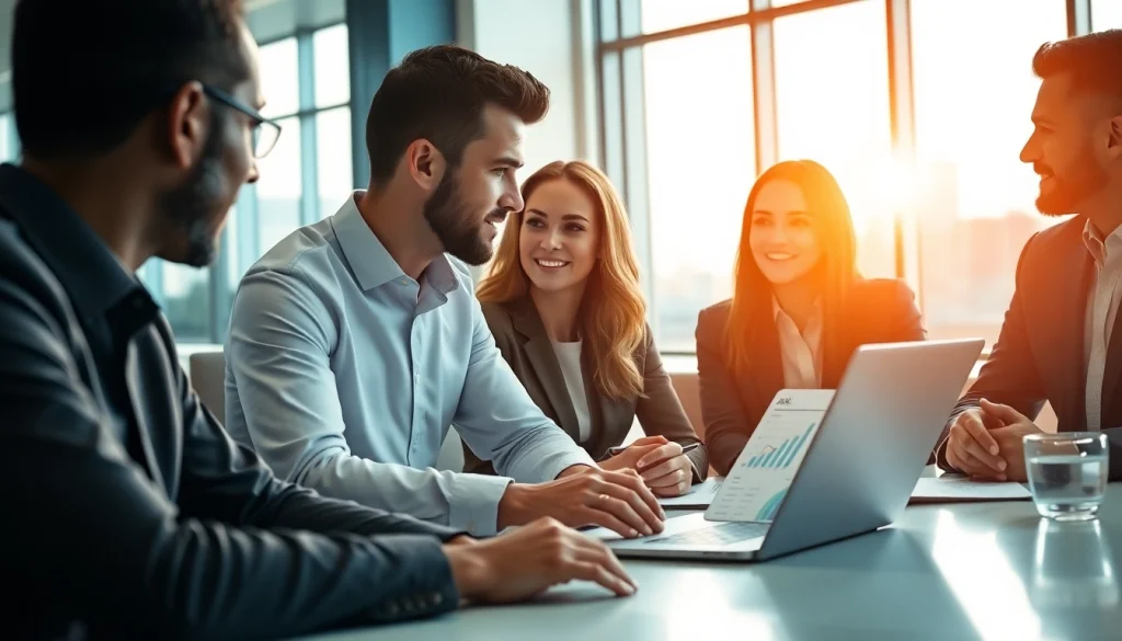 Find sales reps for my business with a diverse team meeting in a modern office.