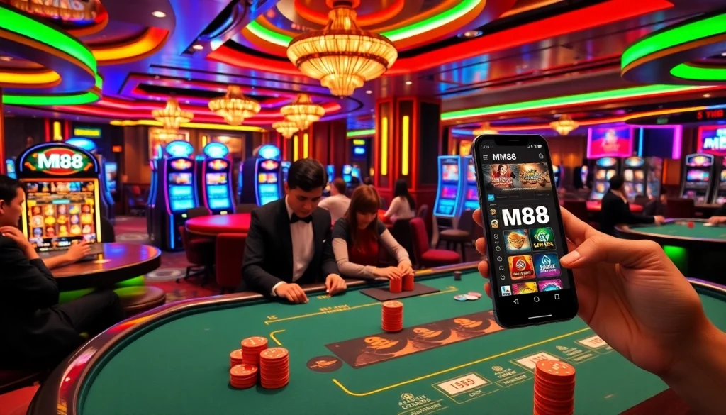 Experience thrilling gameplay at MM88's vibrant casino atmosphere with poker tables and engaging players.
