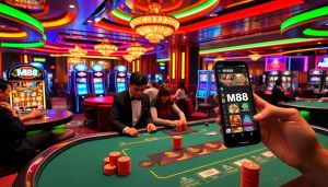 Experience thrilling gameplay at MM88's vibrant casino atmosphere with poker tables and engaging players.