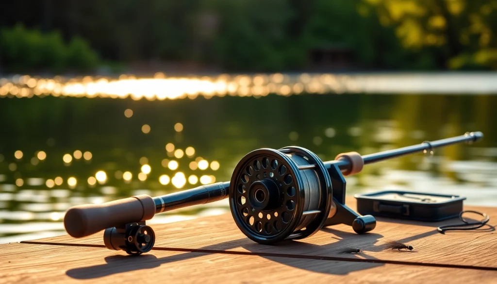 Fly fishing combo displayed on a wooden dock with scenic lake background, inviting adventure.