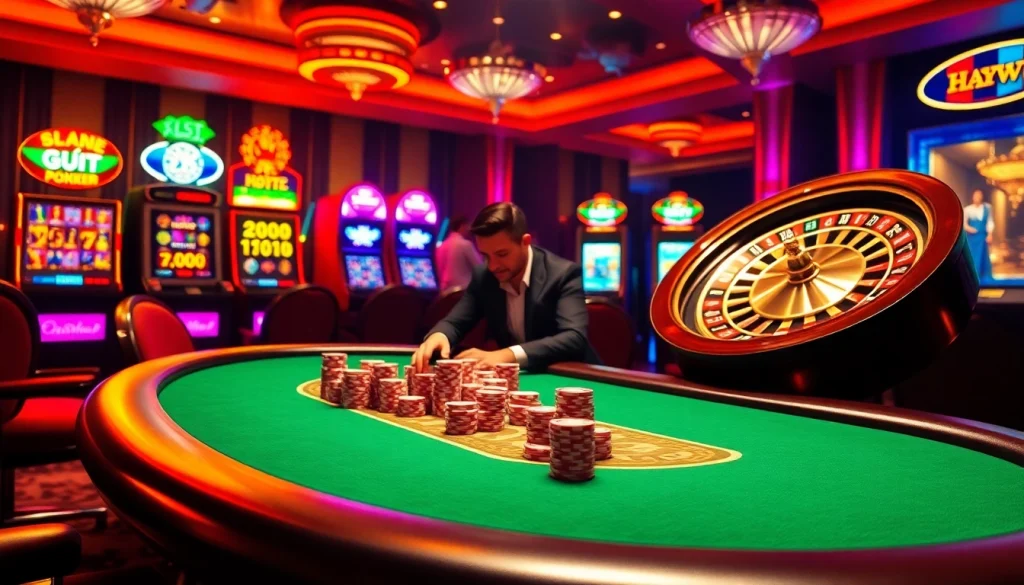 Experience the thrill of Haywin chính thức at a luxurious poker table with vibrant casino elements.
