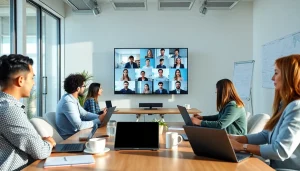 在现代办公环境中，专业人士使用WPS下载进行协作，周围有数字设备与文档。