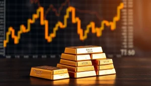Analyze the projection of gold prices in india with gleaming gold bars and financial charts.