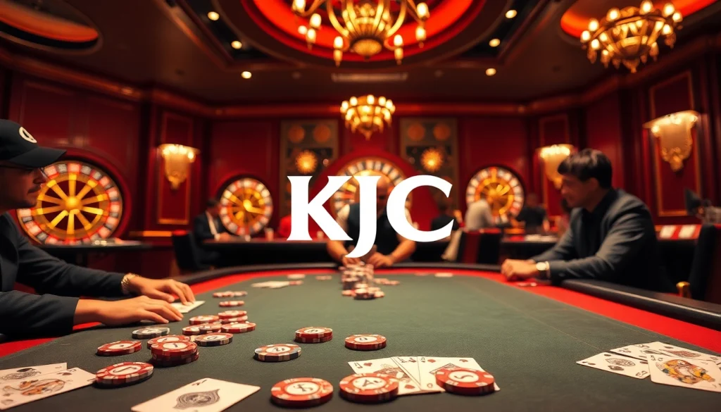KJC logo dominates a vibrant casino table with poker chips and players strategizing their hand.