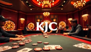 KJC logo dominates a vibrant casino table with poker chips and players strategizing their hand.