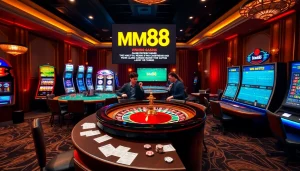 Engaging scene of players enjoying the excitement of MM88 casino games with roulette and poker.