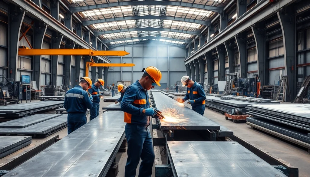 View of skilled steel fabricators near me working on steel structures in a bright workshop.