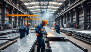 View of skilled steel fabricators near me working on steel structures in a bright workshop.