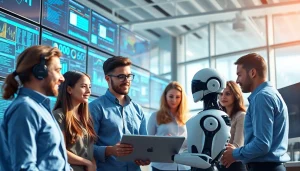 AI Employee collaborating with a diverse team in a bright modern office environment.