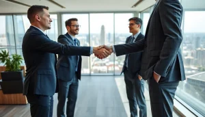 Business partners shaking hands at maeden.com/en, showcasing collaboration in a modern office.