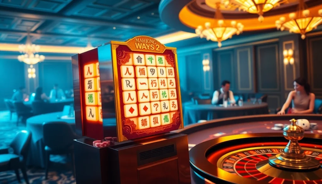 Experience the thrill of Mahjong Ways 2 at an elegantly designed casino scene filled with exciting gambling elements.