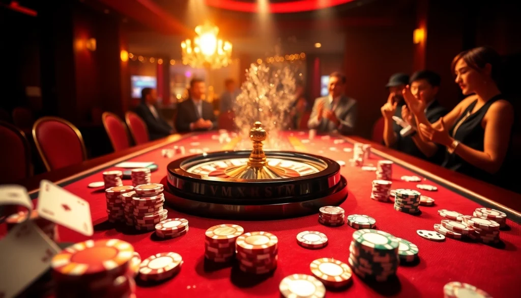 VMAX table with high-stakes poker chips and an exciting roulette wheel spinning.