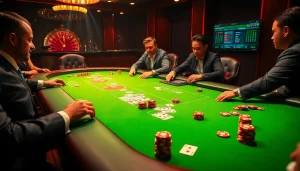 Players strategizing and winning at a vb9 poker table in an upscale casino setting.