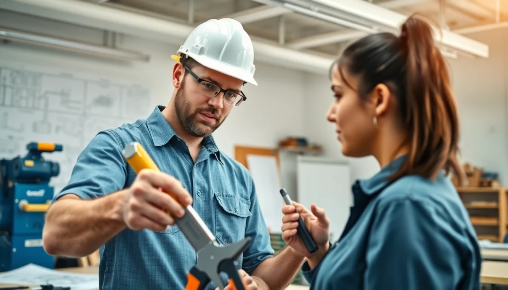 Showcase of trade schools oahu education with construction worker assisting students in practical training.