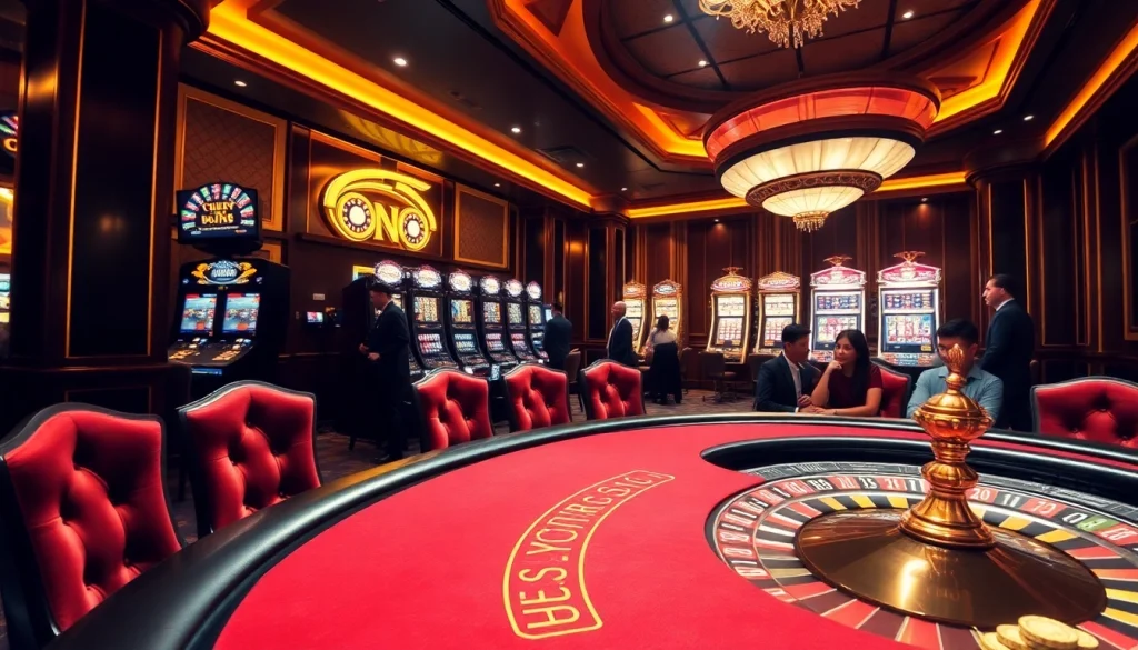 Experience a thrilling CM88 casino scene with players at a poker table and vibrant slot machines.