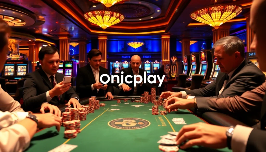 Players enjoying high-stakes poker at an onicplay-themed luxury casino.