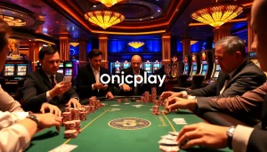 Players enjoying high-stakes poker at an onicplay-themed luxury casino.