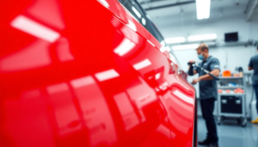 Professional car detailing Chattanooga session with technicians enhancing a shiny red vehicle.