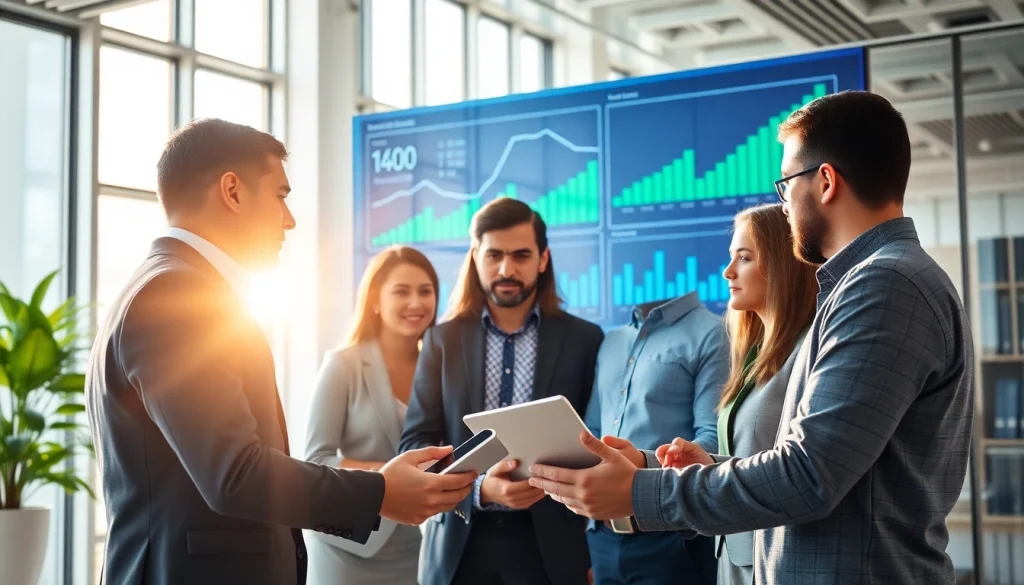 Engaged team discussing business growth insights, highlighting collaboration and innovation.