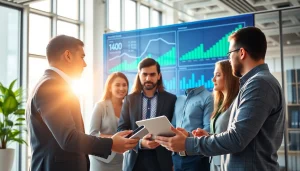 Engaged team discussing business growth insights, highlighting collaboration and innovation.