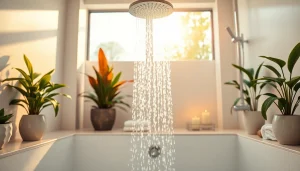 Experience a relaxing sunny shower with elegant design and natural lighting.