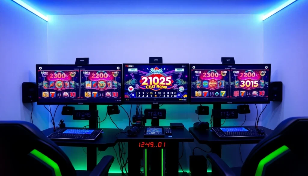 Bolaslot21 gaming setup with vibrant slot graphics and dynamic LED lights attracting players.