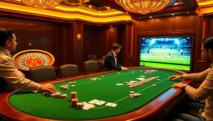 Experience thrilling poker action at Vaoluoi tv with engaging players, vibrant chips, and a roulette wheel.