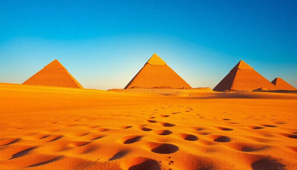 Captivating view of the Great Pyramids of Giza with sunrise lighting, symbolizing the enduring mystery of piraminds.