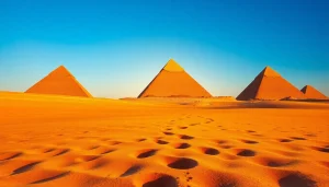 Captivating view of the Great Pyramids of Giza with sunrise lighting, symbolizing the enduring mystery of piraminds.