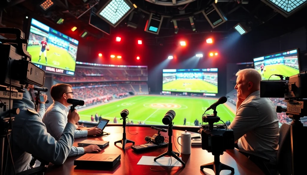 Engaging sports broadcasting hosts discuss live events in a vibrant studio setting.