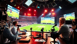 Engaging sports broadcasting hosts discuss live events in a vibrant studio setting.