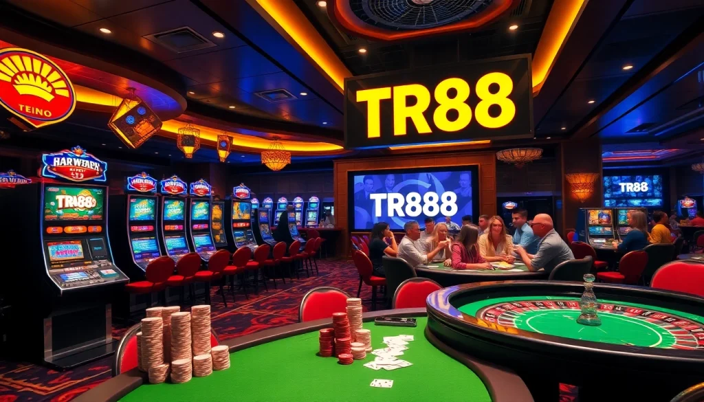 Players engaging with TR88-themed casino games in a luxurious environment, vibrant atmosphere and excitement.