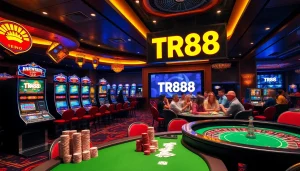 Players engaging with TR88-themed casino games in a luxurious environment, vibrant atmosphere and excitement.