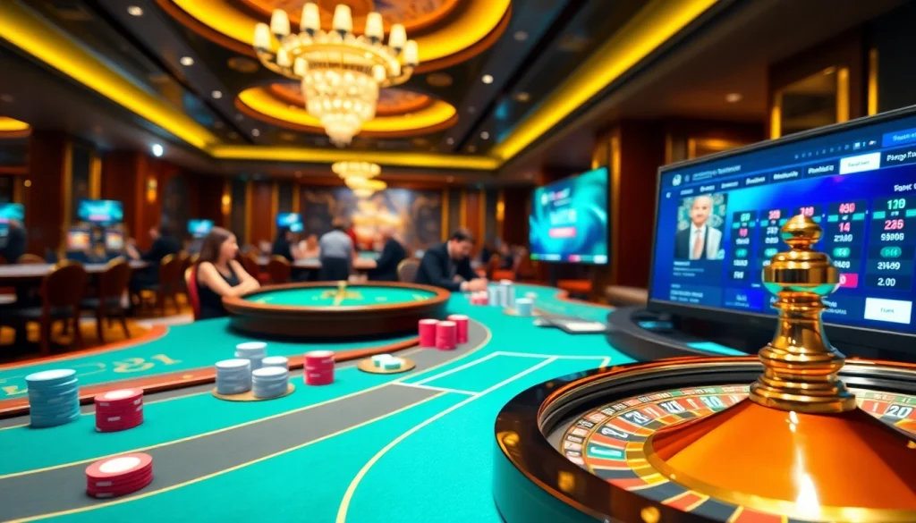 The excitement of gambling at https://ev882.sa.com/ highlighted with poker chips and roulette tables.