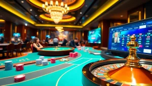 The excitement of gambling at https://ev882.sa.com/ highlighted with poker chips and roulette tables.