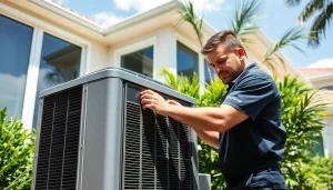 AC Repair Tampa FL technician performing maintenance on an outdoor AC unit in a sunny backyard.