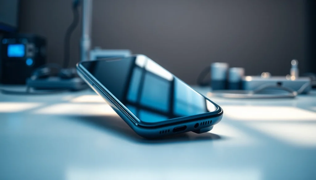 Samsung S8 smartphone with sleek design and vibrant display in a modern tech setting.