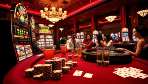 Adegan kasino dinamis yang menampilkan pemain yang terlibat di mesin slot pulsa yang berwarna-warni, menyoroti kegembiraan dan potensi kemenangan.