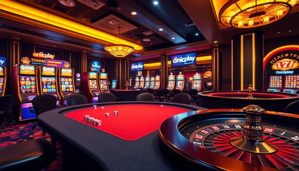 Experience thrilling gambling at ONICPLAY with vibrant slot machines and elegant poker tables.