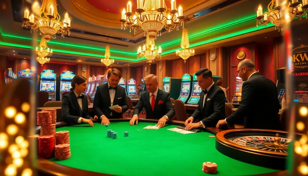 Experience excitement at an OKWIN casino with players at a luxurious poker table.