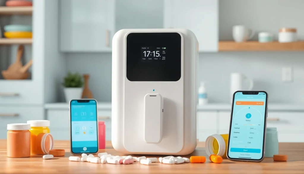 Automatic pill dispenser in a modern kitchen with colorful pill bottles, showcasing usability and tracking app.