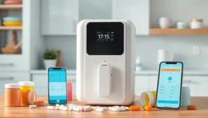 Automatic pill dispenser in a modern kitchen with colorful pill bottles, showcasing usability and tracking app.
