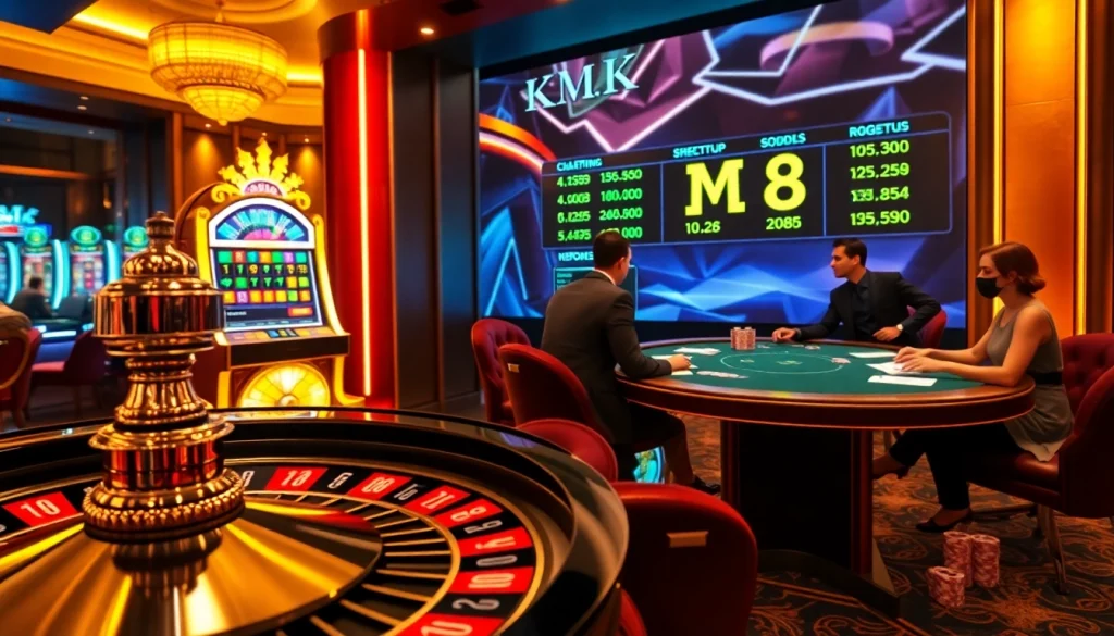Players enjoy high-stakes gaming at MK8 casino featuring a glamorous poker table and roulette wheel.