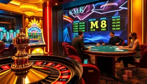 Players enjoy high-stakes gaming at MK8 casino featuring a glamorous poker table and roulette wheel.