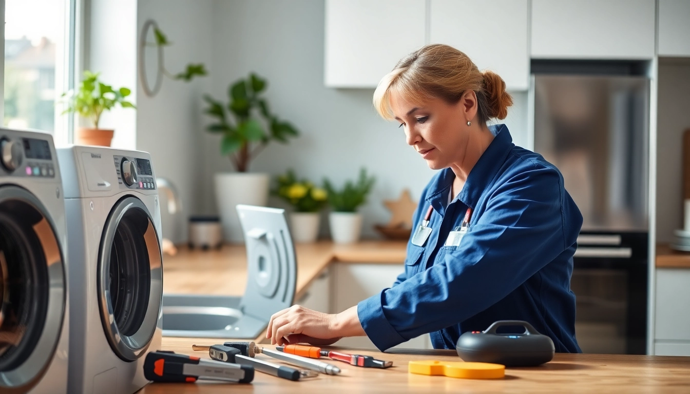 Washing machine repair near me, technician expertly diagnosing issues in a modern kitchen.